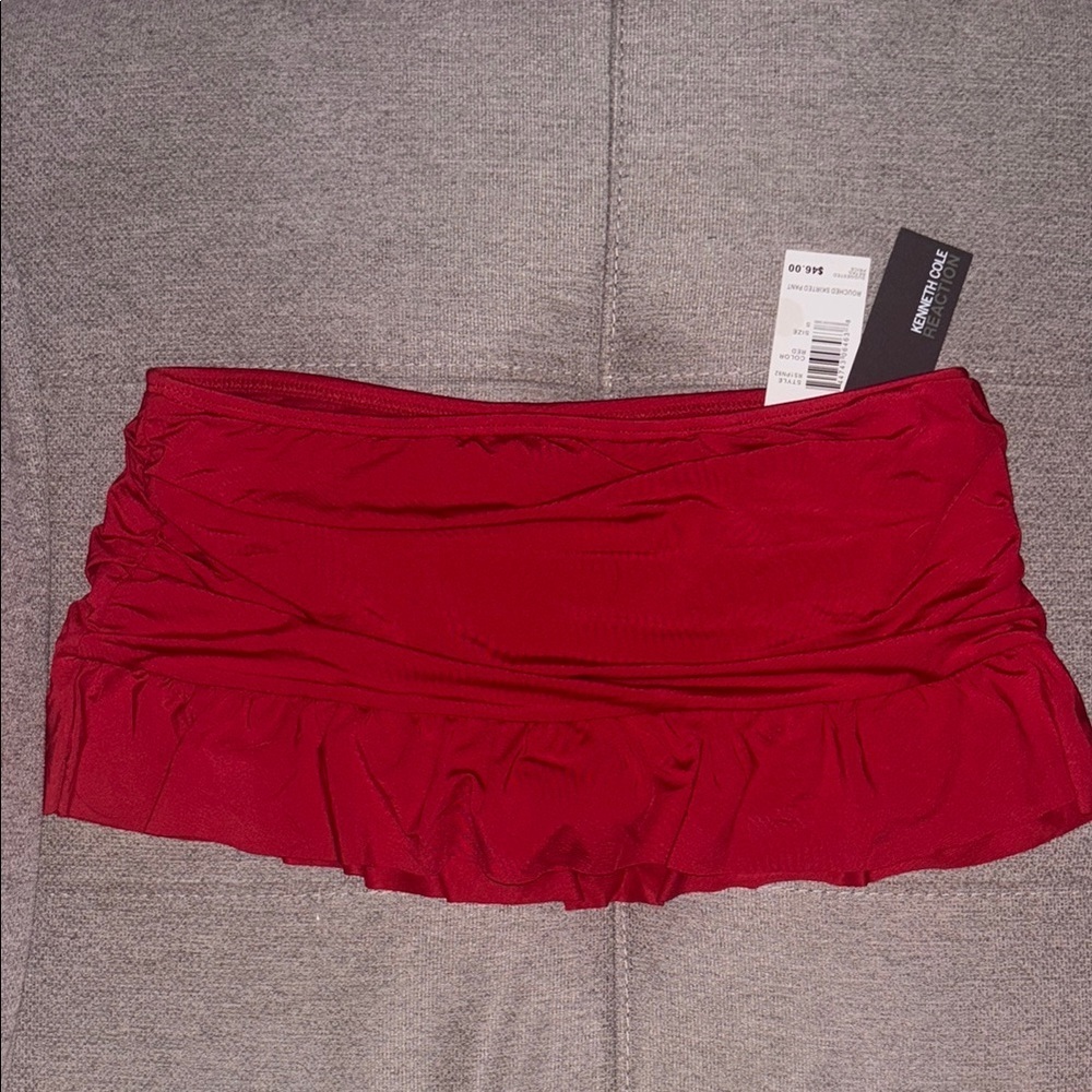 Kenneth Cole Reaction: Red Ruched Ruffle Skirted Bikini Bottom - Picture 2 of 7